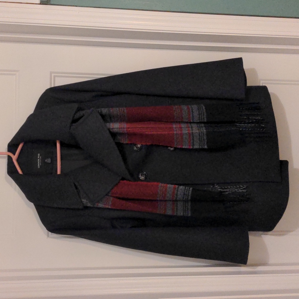 London Fog Dark Gray Pea Coat with Red and Gray Scarf